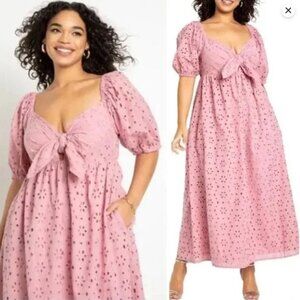 ELOQUII Women's Plus Size Eyelet Tie Front Maxi Dress | Size 18